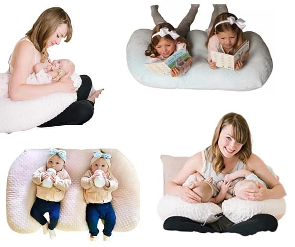A collage of images, with a mum and twins, showcasing the versatility of a Twin Nursing Pillow