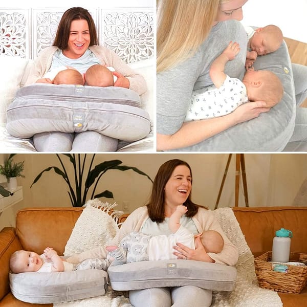 A collage of a happy mom with her twin babies, resting on a twin nursing pillow, on a comfy couch.