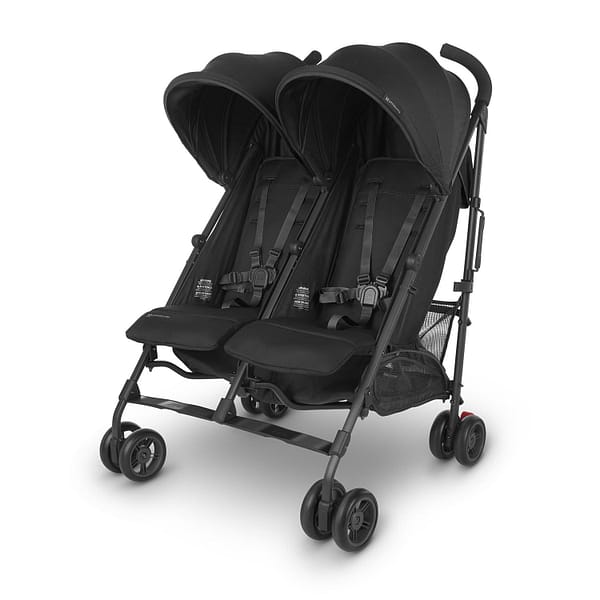 An attractive black double stroller for twins