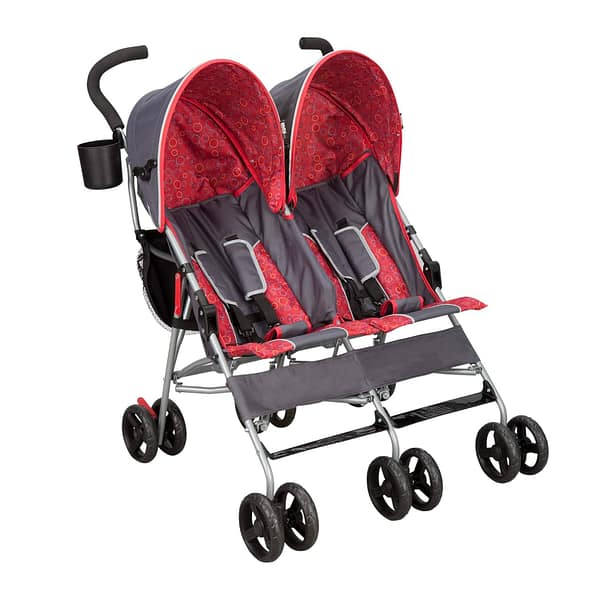 A red and black-colored twin stroller double, in a sleek design.
