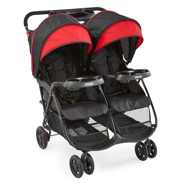 A black and red-colored Side-by-Side Lightweight Double Baby Stroller, showing off cup holders.