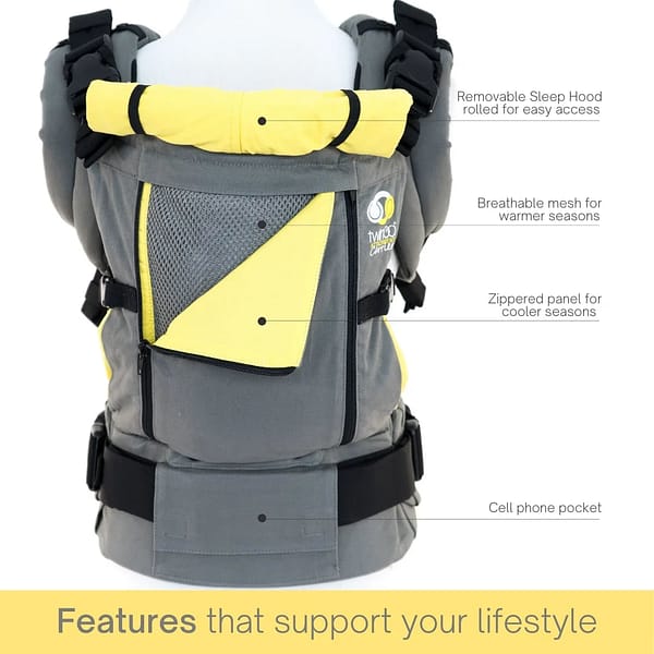 A close up photo of the Twingo Carrier in the colors of gray and yellow.